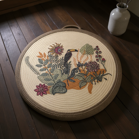 Round meditation cushion with floral and bird design on a wooden floor