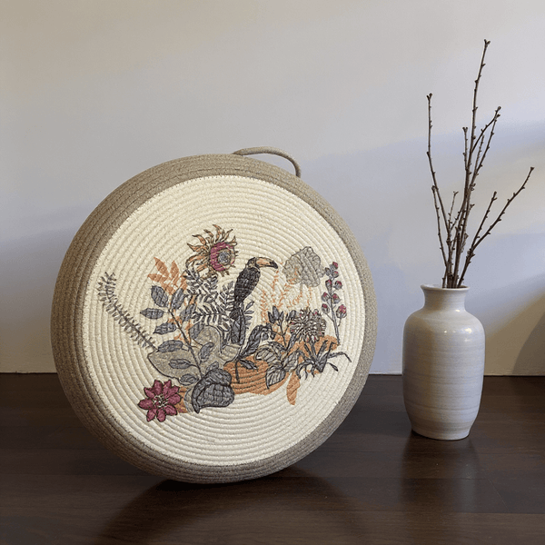 Bird & Botanical Meditation Cushion – Round Floor Pillow for Relaxation - Innerbillion