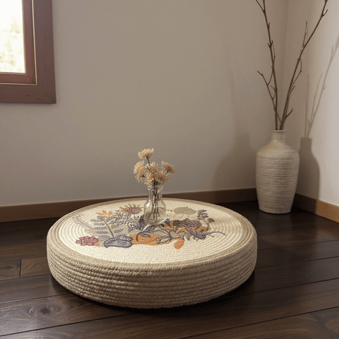 Bird & Botanical Meditation Cushion – Round Floor Pillow for Relaxation - Innerbillion