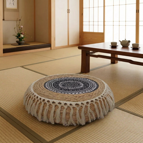Round woven mat on a tatami floor with a wooden table and sliding doors in the background.