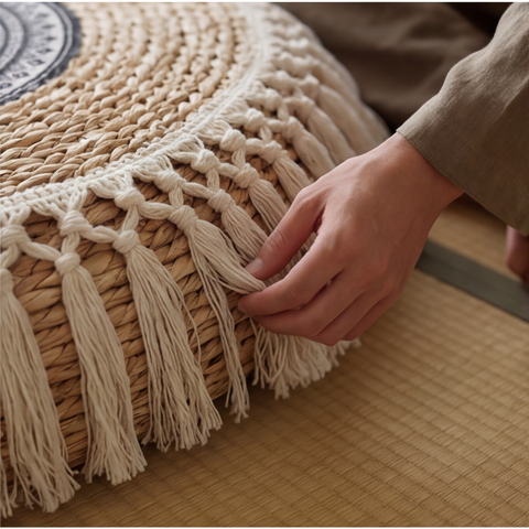 Hand touching a woven mat with tassels on a wooden floor