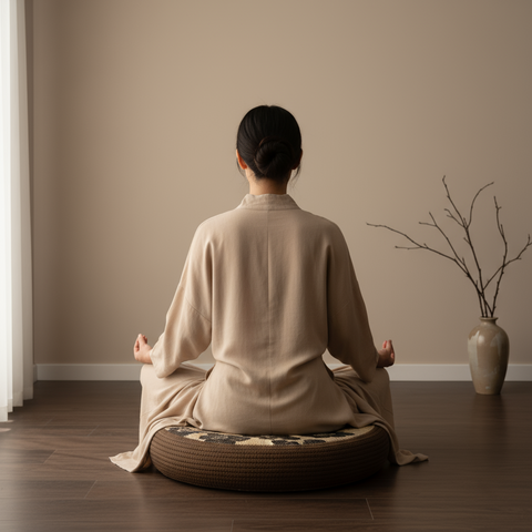 Person in a beige outfit sitting cross-legged on a meditation cushion in a room.