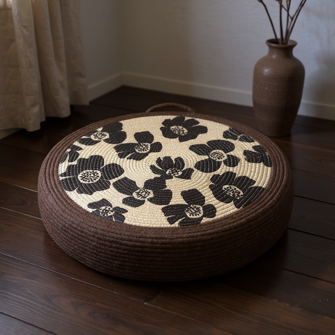 Round woven cushion with black floral pattern on a wooden floor.