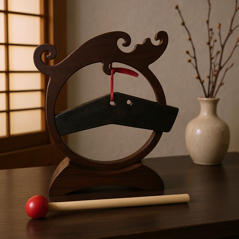 Wooden gong with a chime on a wooden surface with a soft background