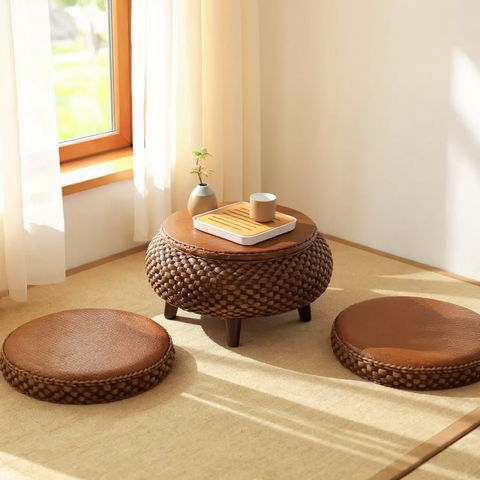 Wooden table with a cup and tray, surrounded by round woven cushions on a tatami mat floor.