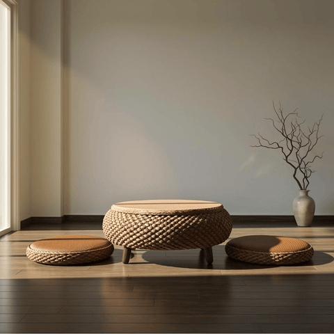 Coffee Brown Zen Woven Storage Tea Table – Tatami Floor Table with Cushions - Innerbillion