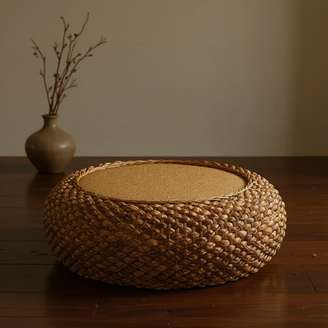 Woven ottoman on a wooden floor with a vase in the background