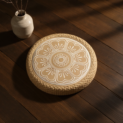 Round woven mat with floral pattern on a wooden floor