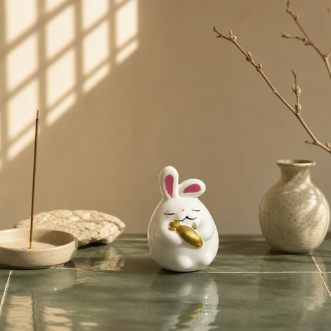 Cute Ceramic Bunny Incense Holder – Lucky Zen Desk Decor & Kawaii Incense Burner