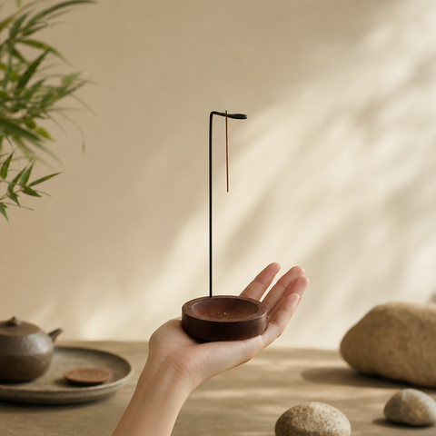 Minimalist Hanging Incense Holder – Metal Stand with Wood Tray