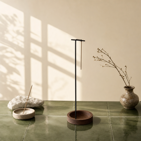 Minimalist Hanging Incense Holder – Metal Stand with Wood Tray