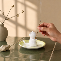 Wishing Cat Incense Holder – Cute Lucky Cat Zen Desk Decor