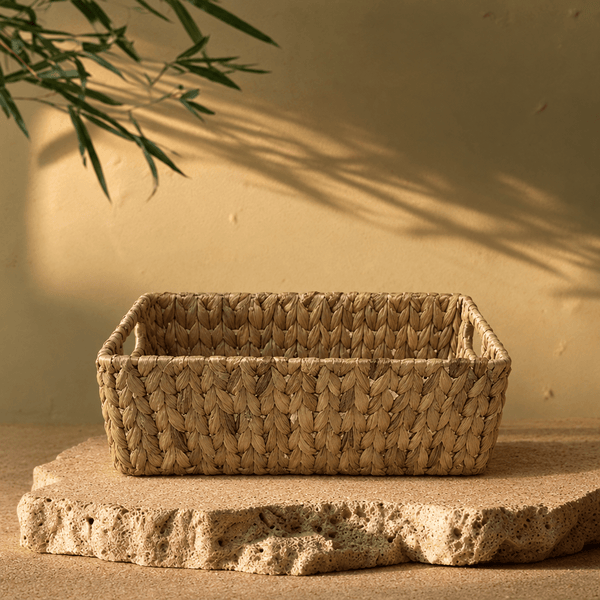 Handwoven Water Hyacinth Storage Basket – Natural Rectangular Organizer - Innerbillion