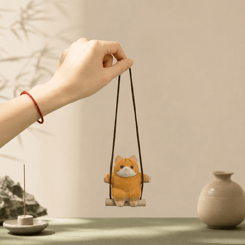 Hanging Cat Swing Ornament – Wooden Cat Decor in 2 Colors - Innerbillion