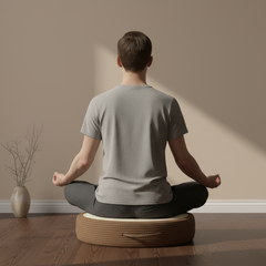 Person meditating on a cushion in a room with a vase and plant.