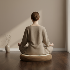 Person sitting in a meditative pose on a round cushion in a minimalistic room.
