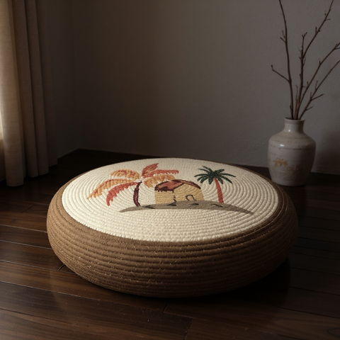 Round woven cushion with tropical design on a wooden floor.