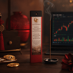 Incense stick with packaging on a table next to Bitcoin coins and a computer screen displaying stock charts.