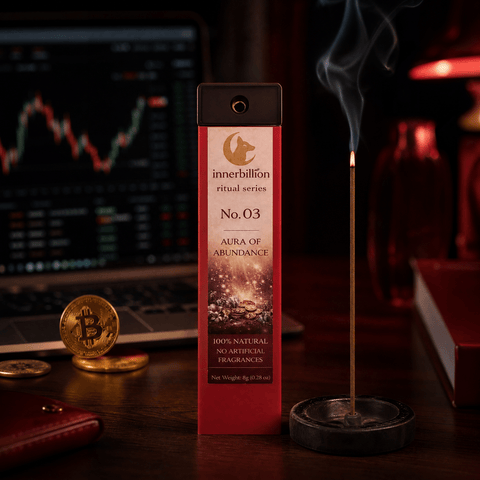 Incense stick with packaging labeled 'innerbillion' on a dark background with a laptop and coins.
