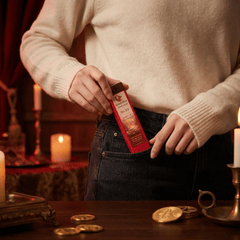 Person holding a red box with gold coins and candles in the background