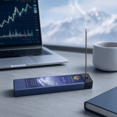 Incense stick burning on a desk with a laptop displaying stock market charts and a cup in the background.