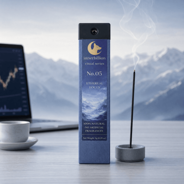 Incense stick with 'innerbillion' packaging on a desk with a laptop and cup, mountain background