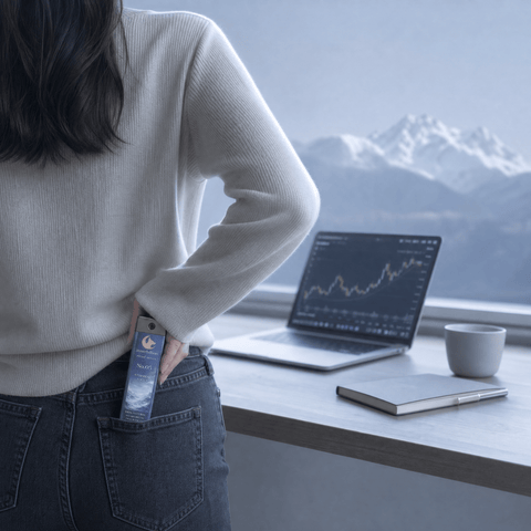 Person holding a supplement bottle with a laptop displaying financial charts in the background