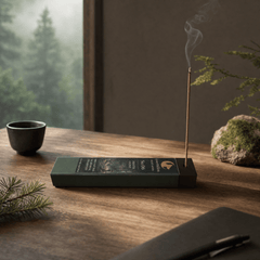 Incense stick burning on a wooden surface with a natural background