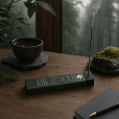 Incense stick with a box on a wooden table, surrounded by a cup of coffee, a notebook, and a plant.