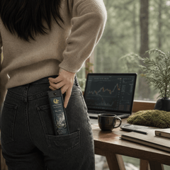Person holding a product in front of a laptop with a forest view