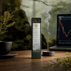 Incense stick with smoke on a wooden table next to a laptop displaying a stock market graph.