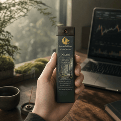Hand holding a product labeled 'innerbillion' with a laptop and plants in the background