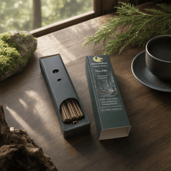 Incense stick holder with incense sticks and packaging on a wooden surface with natural light.