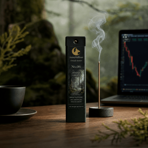 Incense stick with packaging on a table next to a laptop displaying a stock market graph.