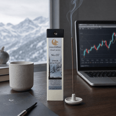 Incense stick with packaging on a desk next to a laptop and mug, with a mountain view in the background.