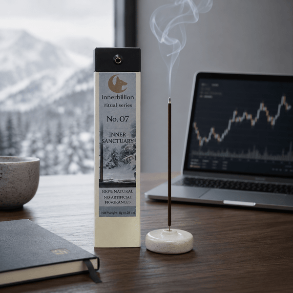 Incense stick with packaging labeled 'innerbillion' on a desk with a laptop and mountain view.