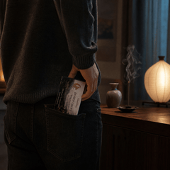 Person holding a package labeled 'Earth Grove' in a dimly lit room with incense and a lamp.