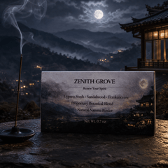 Zenith Grove incense packaging with a mountainous landscape and moonlit sky in the background