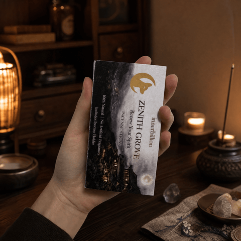 Hand holding a Zenith Grove incense stick box in a warm, dimly lit room with incense and lanterns.