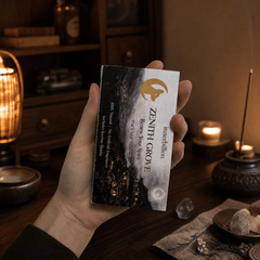 Hand holding a Zenith Grove incense stick box in a warm, dimly lit room with incense and lanterns.