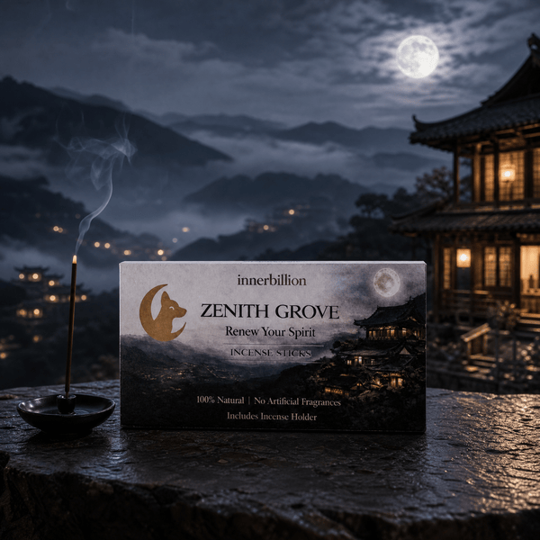 Incense stick with 'Zenith Grove' packaging against a moonlit mountain landscape.