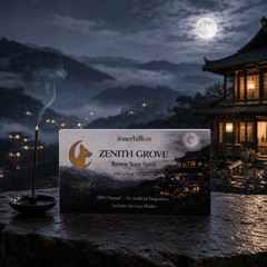 Incense stick with 'Zenith Grove' packaging against a moonlit mountain landscape.