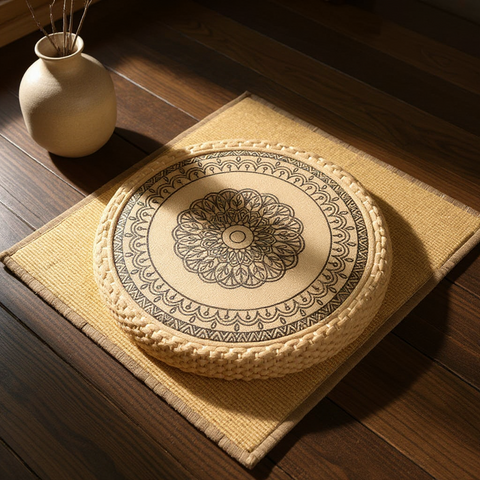 Decorative round cushion with intricate design on a wooden surface