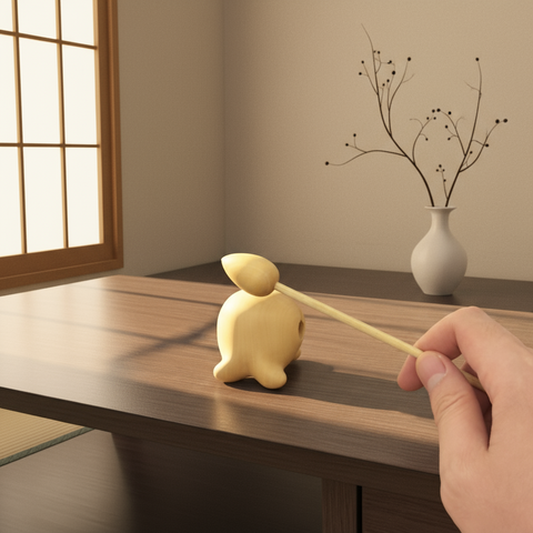 Wooden Fish on a wooden table with a vase and window in the background