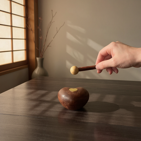 Hand holding a small wooden hammer on a wooden table with a soft light background