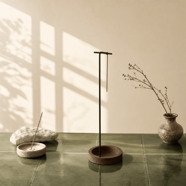 Minimalist Hanging Incense Holder – Metal Stand with Wood Tray - Innerbillion