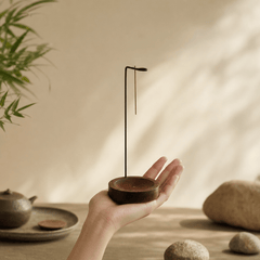 Minimalist Hanging Incense Holder – Metal Stand with Wood Tray - Innerbillion
