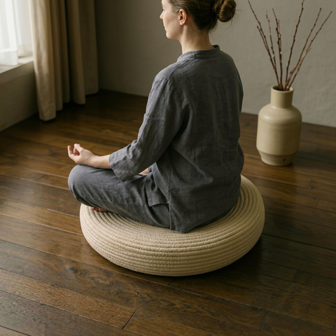 Person sitting cross-legged on a round woven cushion in a room with wooden flooring and a vase.