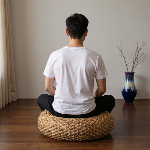 Person sitting on a woven meditation cushion in a room with a vase and plant.
