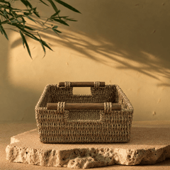 Natural Woven Storage Basket – Rustic Organizer with Wooden Handles - Innerbillion